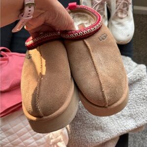 UGG Brown Suede Slippers with Red Accent